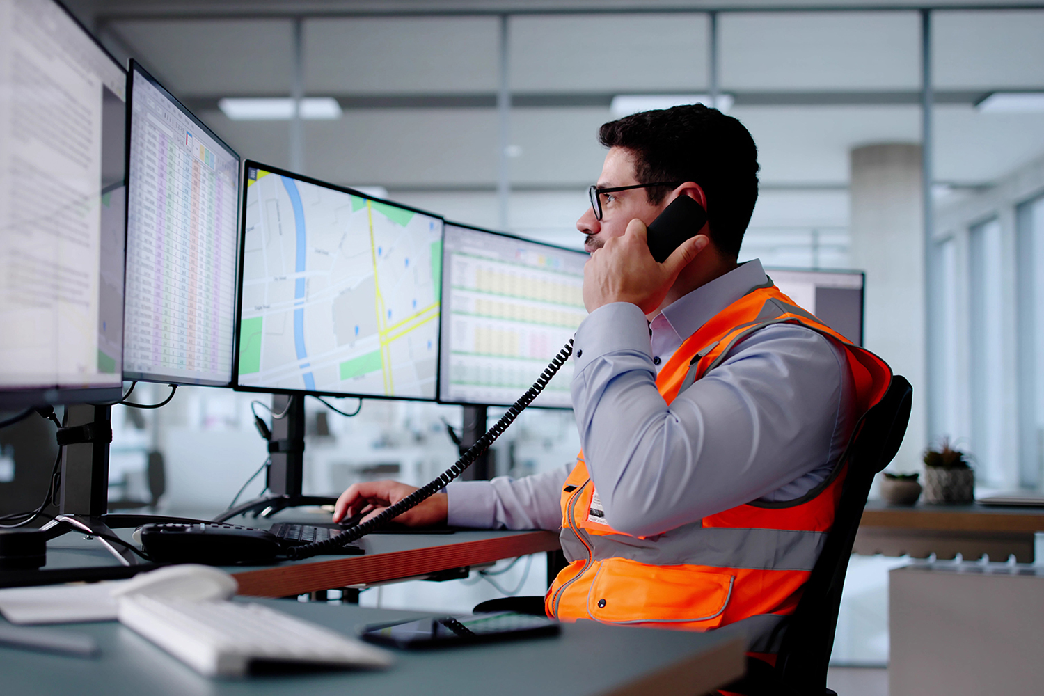 Man in orange safety vest talking on phone while viewing maps and data on multiple computer monitors at office desk.