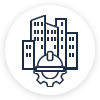 Outline icon of a rocket launching from buildings, symbolizing business growth and innovation.