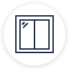 Window with two vertical panes and a latch handle on a light gray circular background.