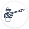 Construction worker holding a power drill tool, depicted in a simple line art style within a circular frame.