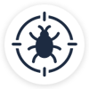 Dark bug icon surrounded by circular directional arrows on white background.