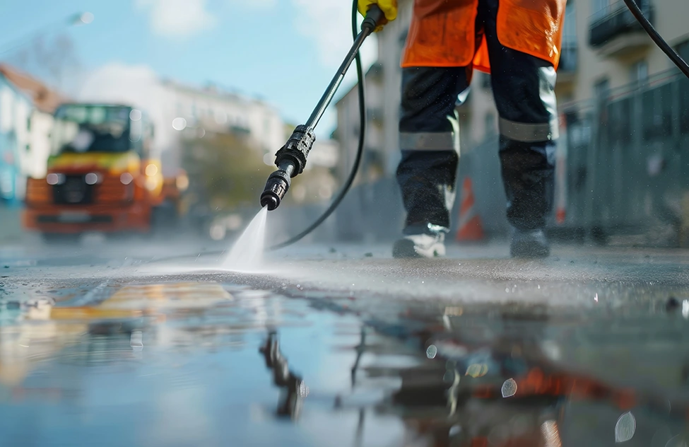 Worker in orange safety vest using high-pressure water jet to clean pavement on urban street.